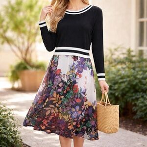 Anthropology Maeve Black Knit Top with Multicolor Floral Midi Skirt